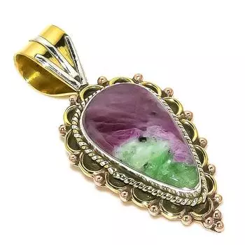 Ruby In Zoisite Lab-Created 925 Sterling Silver Gift Two Tone Pendant 1.75 v5H31