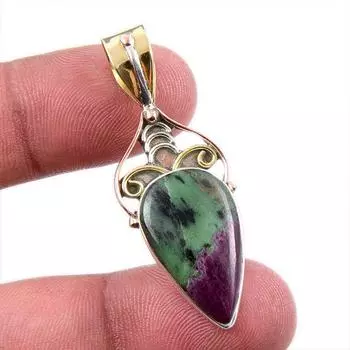 Ruby In Zoisite Lab-Created 925 Sterling Silver Gift Two Tone Pendant 1.75 g8v50