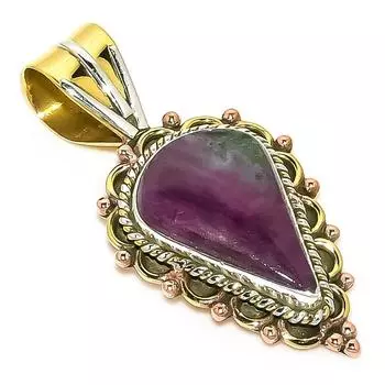 Ruby In Zoisite Lab-Created 925 Sterling Silver Gift Two Tone Pendant 1.50 A7B72