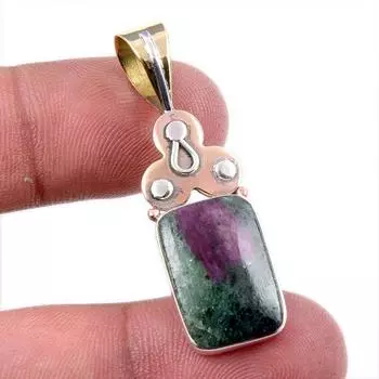 Ruby In Zoisite Lab-Created 925 Sterling Silver Gift Two Tone Pendant 1.75 f1p03