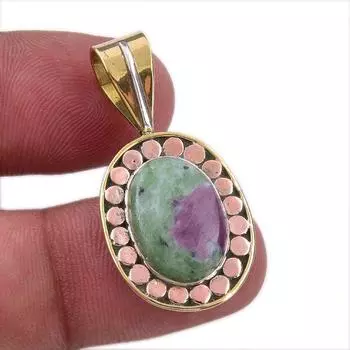 Ruby In Zoisite Lab-Created 925 Sterling Silver Gift Two Tone Pendant 1.25 t3U44
