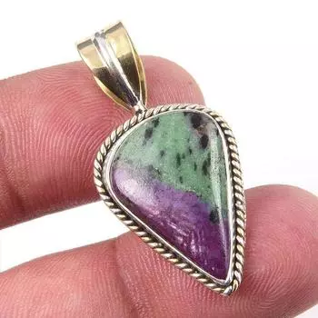 Ruby In Zoisite Lab-Created 925 Sterling Silver Gift Two Tone Pendant 1.25 T4l36