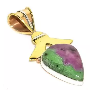 Ruby In Zoisite Lab-Created 925 Sterling Silver Gift Two Tone Pendant 1.75 F7Q91