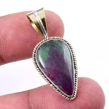 Ruby In Zoisite Lab-Created 925 Sterling Silver Gift Two Tone Pendant 1.25 a8h70