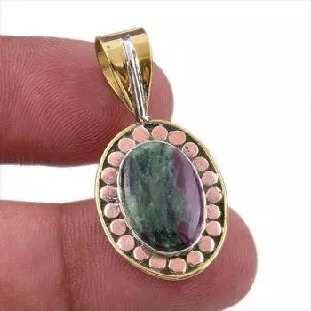 Ruby In Zoisite Lab-Created 925 Sterling Silver Gift Two Tone Pendant 1.25 V1s24