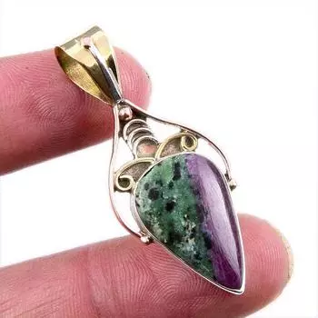 Ruby In Zoisite Lab-Created 925 Sterling Silver Gift Two Tone Pendant 1.5 P5M96