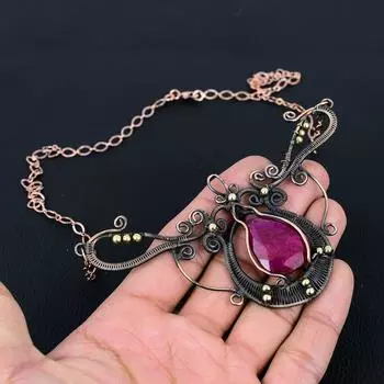 Рубиновый драгоценный камень ручной работы из чистой медной проволоки, ювелирное ожерелье для женщин 18 Inches розовый