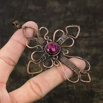 Ruby Natural Gemstone Handmade Copper Wire Wrap Jewelry Pendant 4.14 g2B54