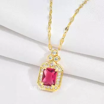 Ruby Necklace Women S High-Value Retro Ethnic Style Slightly Inlaid Geometric Pendant Collarbone Chain
