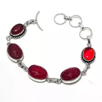 Ruby(Simulated), Garnet Gemstone 925 Sterling Silver Bracelet 7-8 Y2L31