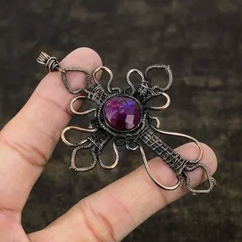 Ruby(Simulated) Gemstone Handmade Copper Wire Wrap Cross Pendant 3.54 k6p92
