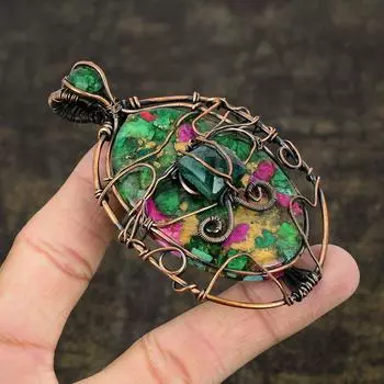Ruby Zoisite, Emerald Natural Lab-Created Copper Wire Wrap Pendant 3.62 b9t60
