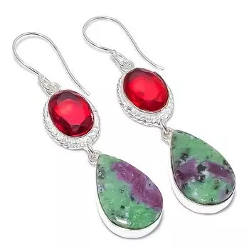Ruby Zoisite, Garnet Lab-Created 925 Sterling Silver Jewelry Earring 2.56 S7n06