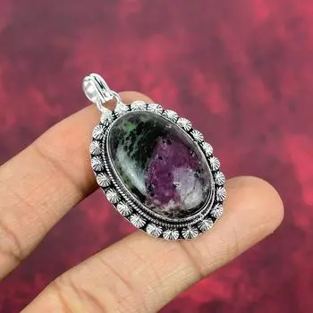 Ruby Zoisite Gemstone Handmade Jewelry, 925 Solid Sterling Silver Jewelry, Exclusive Design Pendant Gemstone Jewelry For Sister 1.88 Inches зелёный