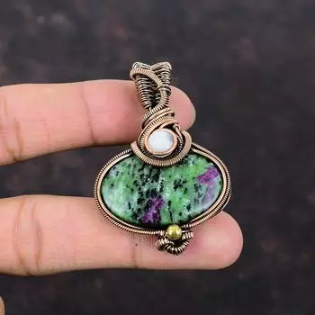 Ruby Zoisite Pendant Copper Wire Wrapped Gemstone Jewelry Rainbow Moonstone Pendant Handmade Jewelry Copper Wire Wrap Pendant Gift For Women