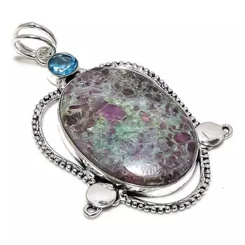 Ruby Zosite,Blue Topaz Lab-Created Handmade 925 Silver Pendant 3.03 d2s07