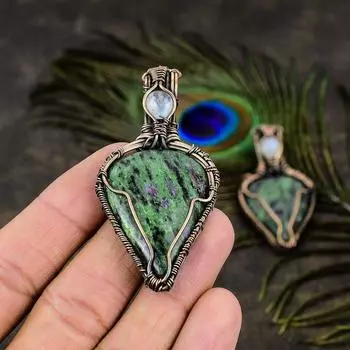 Ruby Zosite, Moonstone Lab-Created Copper Wire Wrap Jewelry Pendant 2.25 t6D49