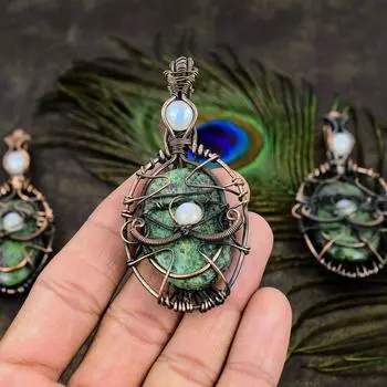 RubyFuchsite, Moonstone Gemstone Copper Wire Wrap Jewelry Pendant 3.15 S1e99