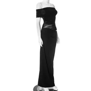 Ruched Irregular Dress Women Mesh Patchwork Slash Neck Short Sleeve Skinny Stretch Trend Elegant Long Bodycon Outfits S