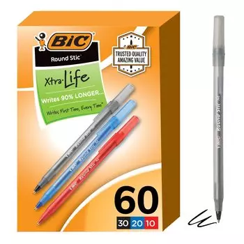 Ручка BIC Round Stic Xtra Life Ball со средним кончиком, синяя, 60 шт., (Черный и красный, счет)