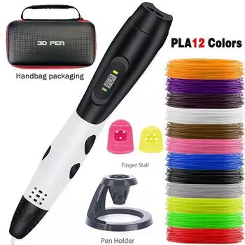 Ручка для 3D-печати с 12 цветами PLA Filament Support ABS / PLA Filament Kids DIY Drawing Gift с ЖК-дисплеем EU Plug белый