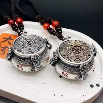 Ручка для горшка с сокровищами в китайском стиле, игрушка в стиле ретро, маленькое украшение в виде чайного питомца, вращающаяся подвеска посередине 2.5*3 CM серебряный