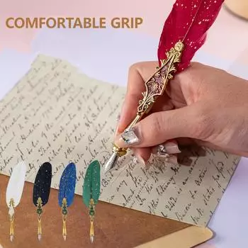 Ручка для каллиграфии перьевая для начинающих, старинная ручка-гусиное перо с 5 сменными перьями для письма, рисунка, приглашения на свадьбу темно серый