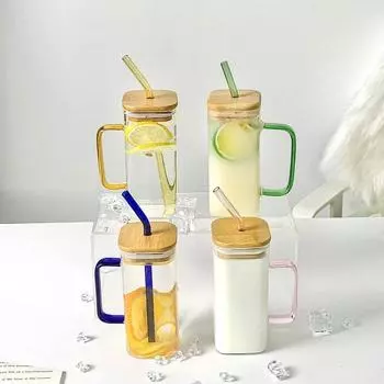 Ручка для молока с крышкой и соломинкой, прозрачные стаканы для сока, пива, кружка, посуда для напитков, стеклянная чашка