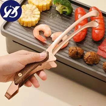 Ручка из цельного дерева из нержавеющей стали, щипцы для стейка, многофункциональная удлиненная ручка, зажим для барбекю, зажим для общественного питания, кухонная утварь серебряный