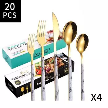 Ручка из искусственного дерева, нож с имитацией камня, вилка и ложка, нож из нержавеющей стали 430 из пяти предметов, вилка и ложка, посуда, набор из 20 предметов blue box