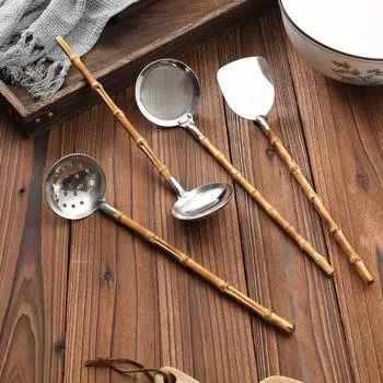 Ручка из натурального бамбука, нержавеющая сталь, кулинарная лопатка, совок для жарки, японская ложка для супа, дуршлаг, практичные инструменты для пасты