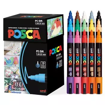 Ручка-карандаш Posca Mitsubishi Posca со средним кончиком и круглым стержнем 15 цветов PC5M15C на водной основе