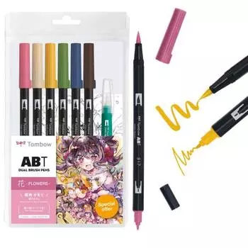 Ручка-кисть Tombow, двойная ручка-кисть ABT, 6 цветов и набор кистей для рисования водой, цветок AB-T6CFRQA
