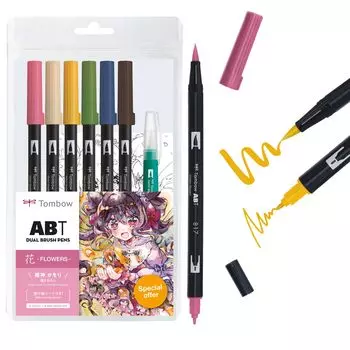 Ручка-кисть Tombow, двойная ручка-кисть ABT, 6 цветов, набор для рисования водяными кистями Flower & AB-T6CFRQA