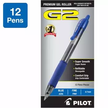 Ручка-роллер Pilot G2 Gel Blue Dozen, выдвижная, заправляемая, чернила, толщина 0,7 мм, (пункт) синий