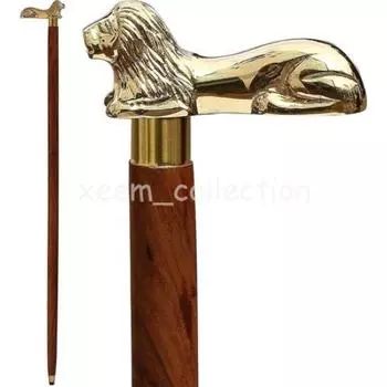 Ручка в виде головы льва, винтажная деревянная трость, коричневая трость, античная латунь, подарок