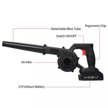 Ручная электрическая воздуходувка и пылесос 2-в-1, 21 В, электрическая воздуходувка для листьев, с EU Plug & 1 Battery чёрный