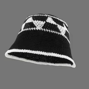 Ручная хлопчатобумажная пряжа, вязаные крючком панамы, женская клетчатая рыбацкая шапка, женская дизайнерская осенне-зимняя панамская вязаная шапка 56-58cm чёрный