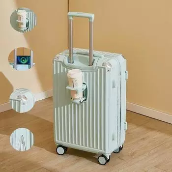 Ручная кладь WTEMPO с подстаканником и USB-портом для зарядки. Чемодан с жестким бортом и вращающимися колесами. Легкий дорожный багажник. 20inch зелёный