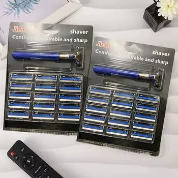 Ручная мужская бритва из нержавеющей стали с двойными сменными лезвиями. Старомодная ручная бритва с 1 держателем лезвий и 15 лезвиями. синий