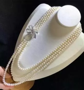 Ручная работа, 3 нити, 7-8 мм, ожерелье из белого пресноводного жемчуга, бант, микро-инкрустация, аксессуары из циркона, жемчужный кулон, длина 55-65 см