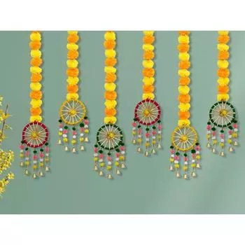 Ручная работа Бархатцы Пушистые Цветы с Кольцом Колокольчиком Подвесной Латкан Торан Для Дома, Фестиваля, Свадьбы, Украшения Комнаты для Пуджи в Храме (Упаковка из 6 шт.)