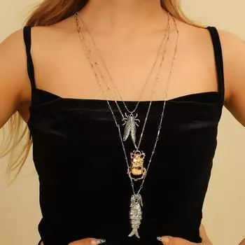 Ручная работа Цепочка Маленькая Рыбка Жук 3 слоя Весна Путешествия Женское Ожерелье серебряный