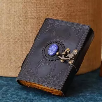 Ручная работа Черная кожа Тройная луна с синим камнем Журнал Нелинованная бумага Молочные продукты 7 x 5 in чёрный