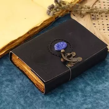 Ручная работа Черная кожа Тройная луна с синим камнем Журнал Нелинованная бумага Молочные продукты 7 x 5 in чёрный