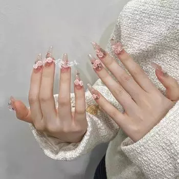 Ручная работа Длинные трапециевидные накладные ногти в форме гроба Rose Manor | Дизайн с цепочкой из роз Длинные трапециевидные накладные ногти акриловые накладные ногти XS