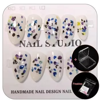 Ручная работа Короткие миндалевидные Молочно-белые С цветными вставками Фрагменты Набор накладных ногтей С клеем и коробкой Простые искусственные ногти Фототерапия Нажмите на XS