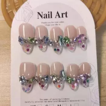 [Ручная работа] Миндалевидная форма Прозрачный розовый французский бриллиант Искусственные ногти Фототерапия Накладные ногти Многоразовые и съемные XS