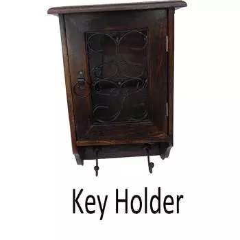Ручная работа, настенная шкатулка в антикварном стиле из дерева, стекла, железа, держатель ключей (8 крючков, коричневый)