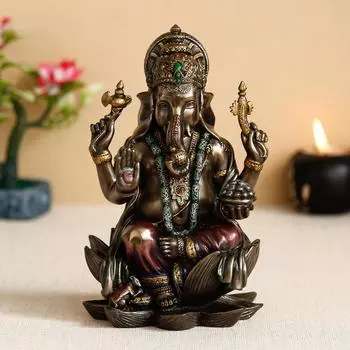 Ручная работа, полирезина и бронза Чатурбхудж Бог Ганеша идол сидящий на цветке лотоса декоративная статуя для дома, офиса, духовных пространств для подарка